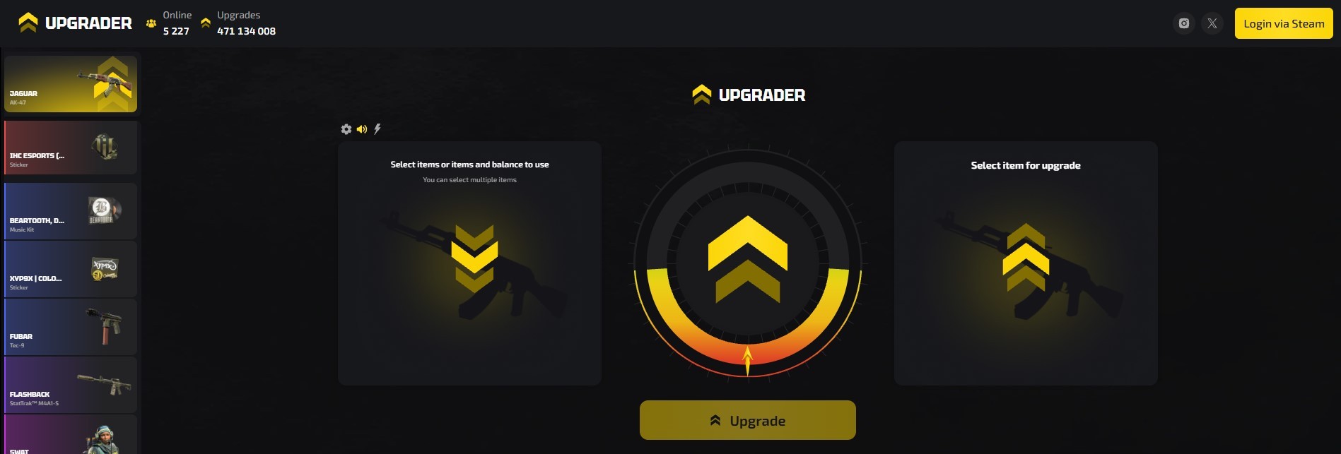 Skin upgrader interface with success-chance slider